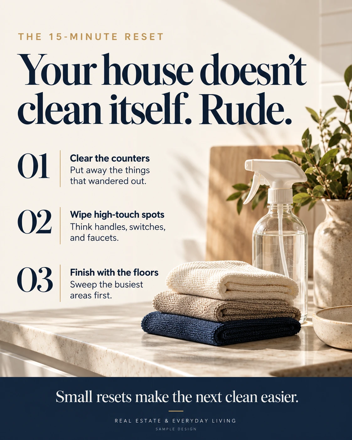 Sample post: The 15-minute reset. Your house doesn't clean itself.